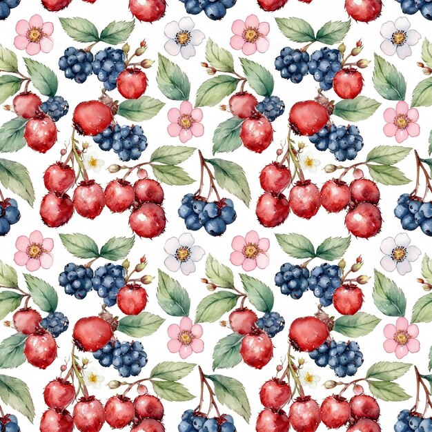 Motif floral sans couture avec des fruits, des baies et des fleurs