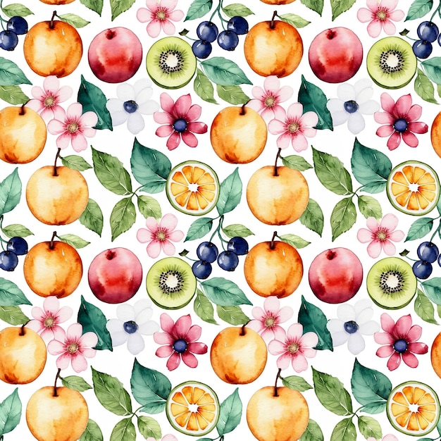 Motif floral sans couture avec des fruits, des baies et des fleurs