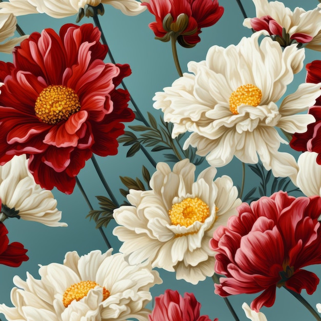 Motif floral sans couture illustré en rouge foncé et blanc vintage