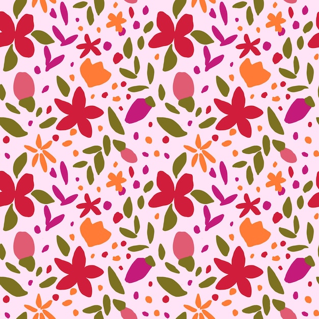 Motif floral sans couture sur rose rose rouge orange fleurs feuilles vertes et points répétez l'impression