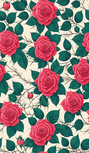 Un motif floral sans couture avec des roses rouges et des feuilles vertes.
