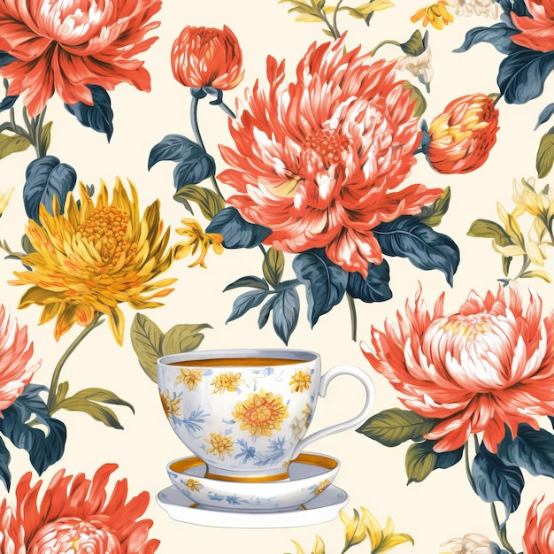 Un motif floral avec une tasse et une fleur