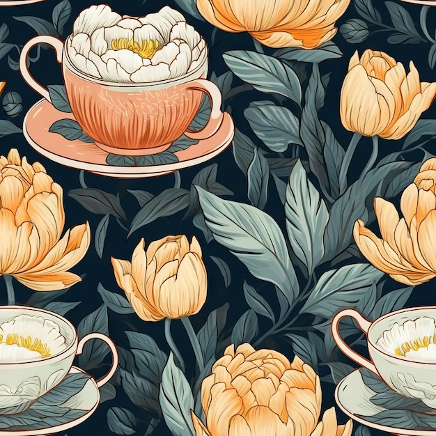 Un motif floral avec une tasse et des fleurs