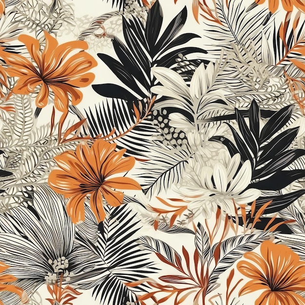 Un motif floral tropical avec des feuilles et des fleurs tropicales.