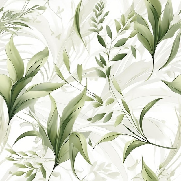 Un motif floral vert et blanc avec des plantes vertes et des fleurs.