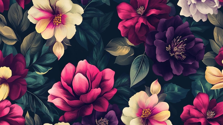 Photo un motif floral vibrant avec une variété de fleurs en fleurs aux couleurs vives sur un fond sombre