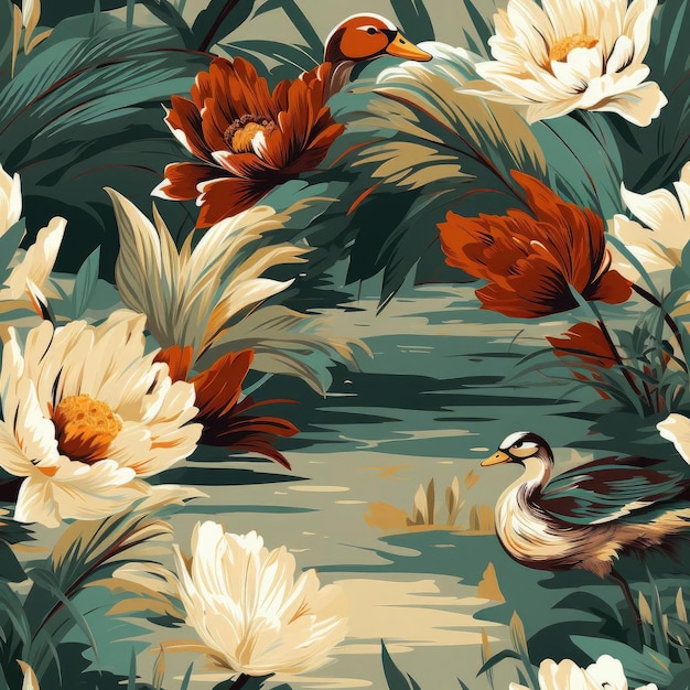 Motif floral vintage avec des canards et des fleurs dans des paysages réalistes carrelés