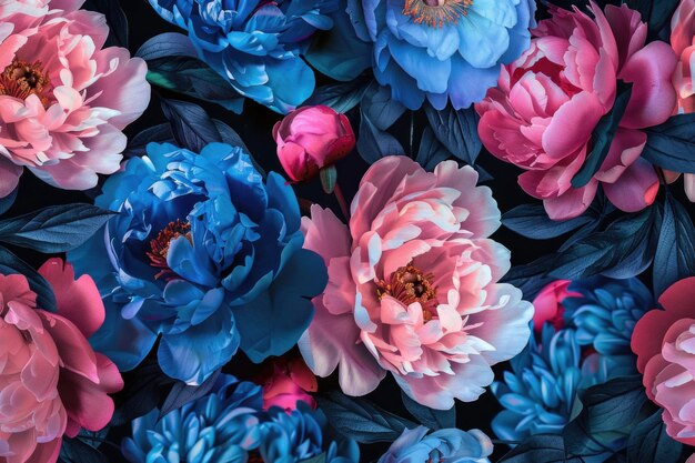 Motif floral vintage avec des péonies bleues et roses sur noir