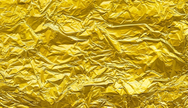 Motif de fond de texture de feuille d'or brillant de papier d'emballage jaune avec froissé et ondulé