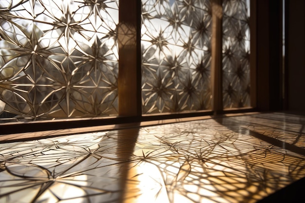 Motif fractal sur une vitre avec le soleil qui brille à travers créé avec générative ai