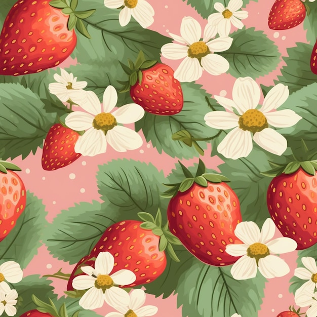 motif de fraises et de fleurs sans couture sur fond rose ai générative