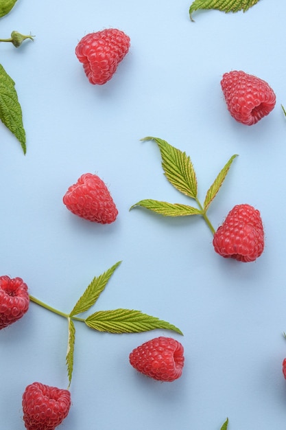 Motif De Framboise Et Feuilles Vertes Sur Fond Bleu. Baies D'été à Plat - Framboises Rouges. Minimalisme Créatif