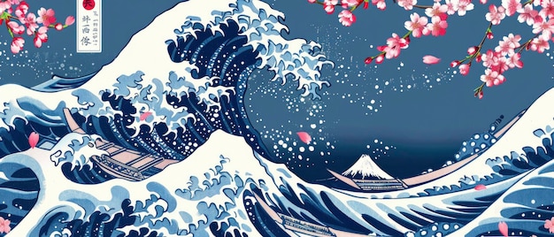 Un motif de la grande vague avec des fleurs de cerisier de la culture traditionnelle japonaise