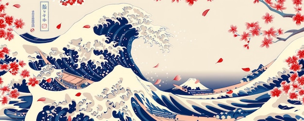 Un motif de la grande vague avec des fleurs de cerisier de la culture traditionnelle japonaise