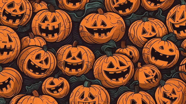 Un motif d'halloween avec des citrouilles et un sourire sur le visage.