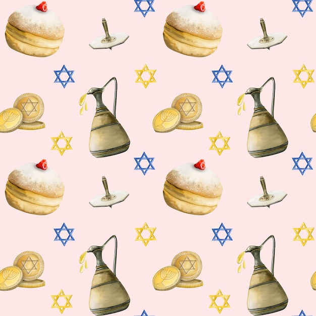 Motif de Hanukkah avec des beignets à l'huile d'olive, des étoiles de David, des pièces de monnaie sur rose clair Chanukkah réaliste