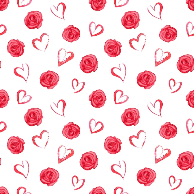 Motif harmonieux d'aquarelle avec des roses rouges et des coeurs sur une surface blanche