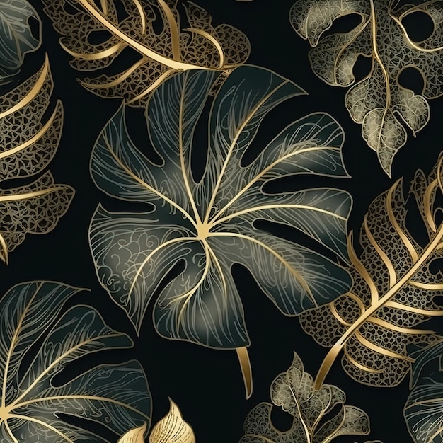 Un motif harmonieux de feuilles tropicales et de feuilles d'or sur fond noir.