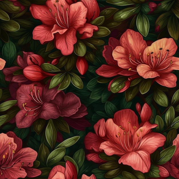 Un motif harmonieux de fleurs rouges et vertes avec des feuilles vertes et les mots azalée en bas.