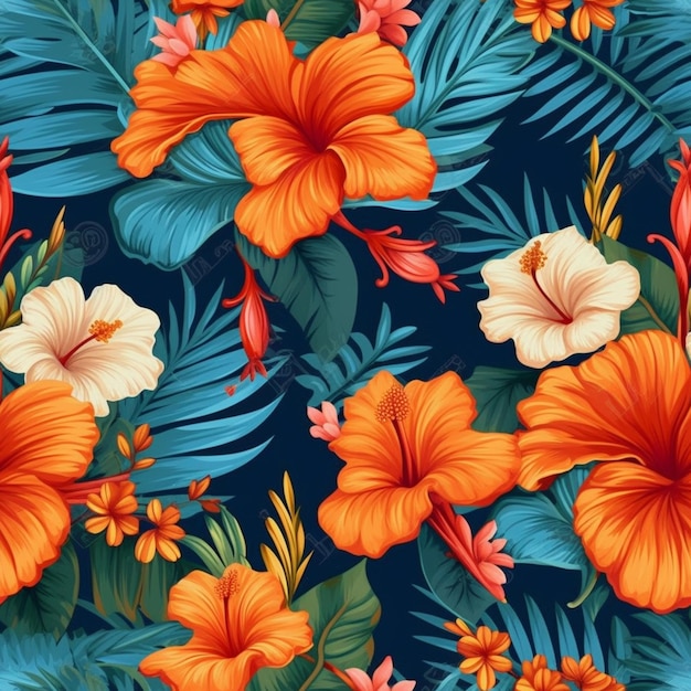 Un motif harmonieux de fleurs tropicales avec hibiscus et feuilles.