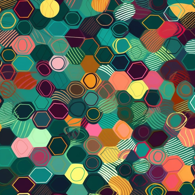 Un motif hexagonal coloré avec des cercles et le mot hexagones.