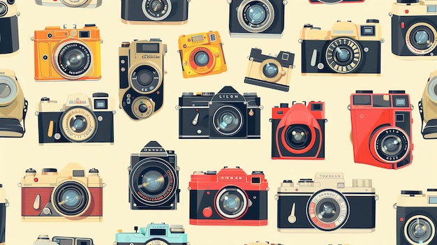 Un motif homogène de caméras vintage sur un fond beige Les caméras sont de différentes couleurs et styles et sont disposées dans un motif répétitif