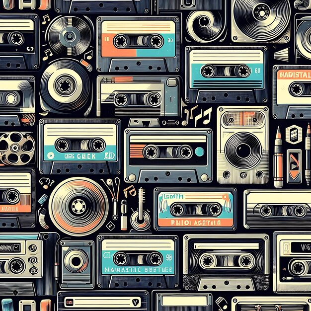 Motif homogène avec des cassettes audio rétro Arrière-plan avec de vieilles cassettes stéréo avec des disques de musique pop