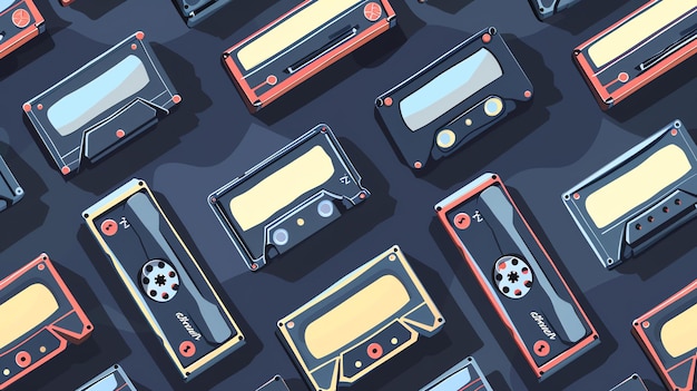 Un motif homogène de cassettes colorées sur un fond bleu foncé Les cassettes sont de différentes couleurs, dont le rouge, le bleu, le jaune et le vert