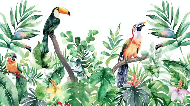 Photo un motif homogène de feuilles et de fleurs tropicales avec une variété d'oiseaux