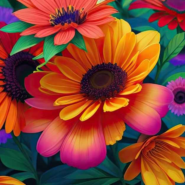 Un motif homogène avec des gerberas et des marguerites colorées