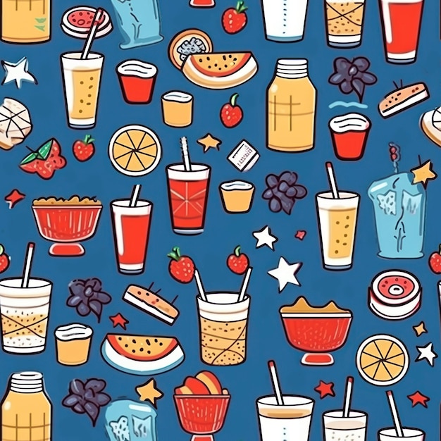 Photo motif homogène avec de la nourriture et des boissons sur fond bleu pour la journée patriotique américaine
