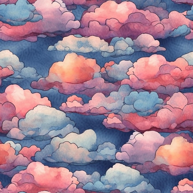 Un motif homogène de nuages avec des nuages roses et bleus.