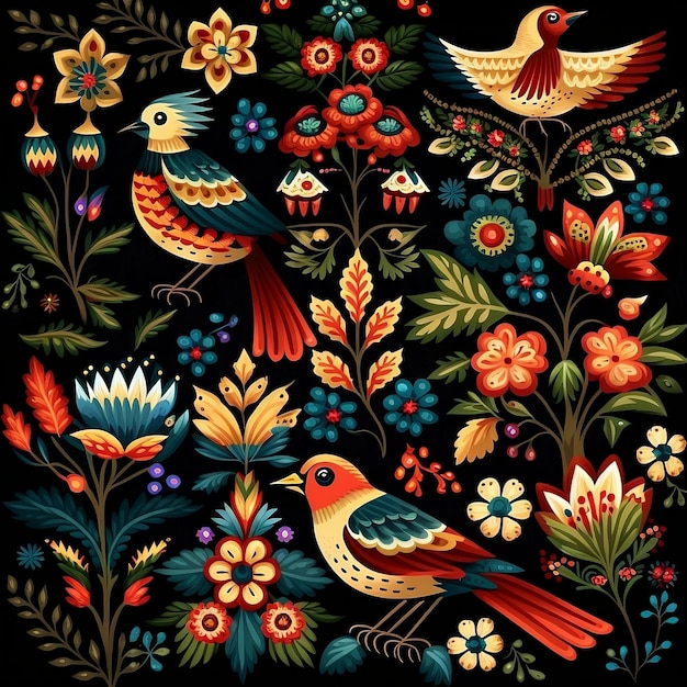 Un motif homogène d'oiseaux et de fleurs