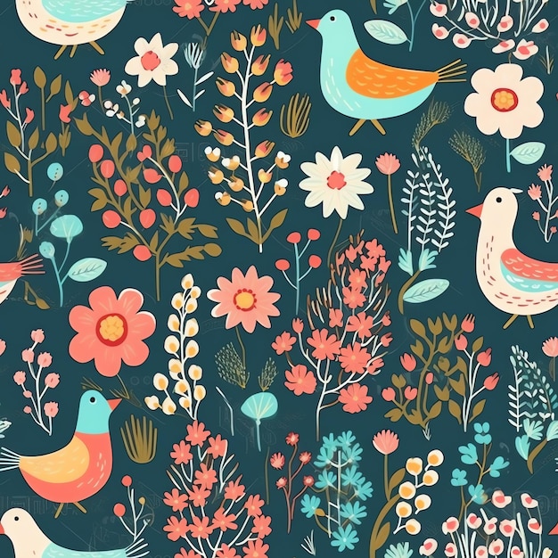 Un motif homogène avec des oiseaux et des fleurs.