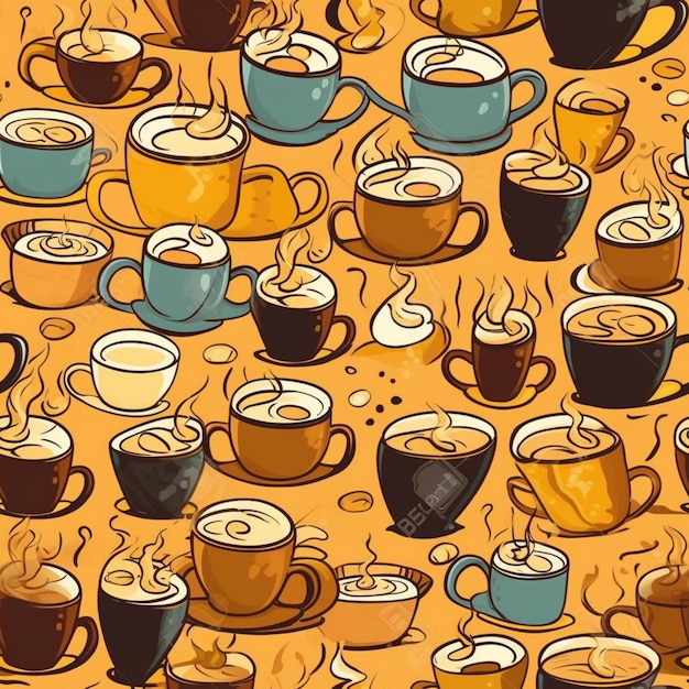 Motif homogène de tasses et de soucoupes de café sur un fond jaune
