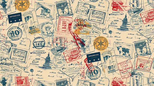 Photo un motif homogène de timbres de voyage et de timbres-poste vintage