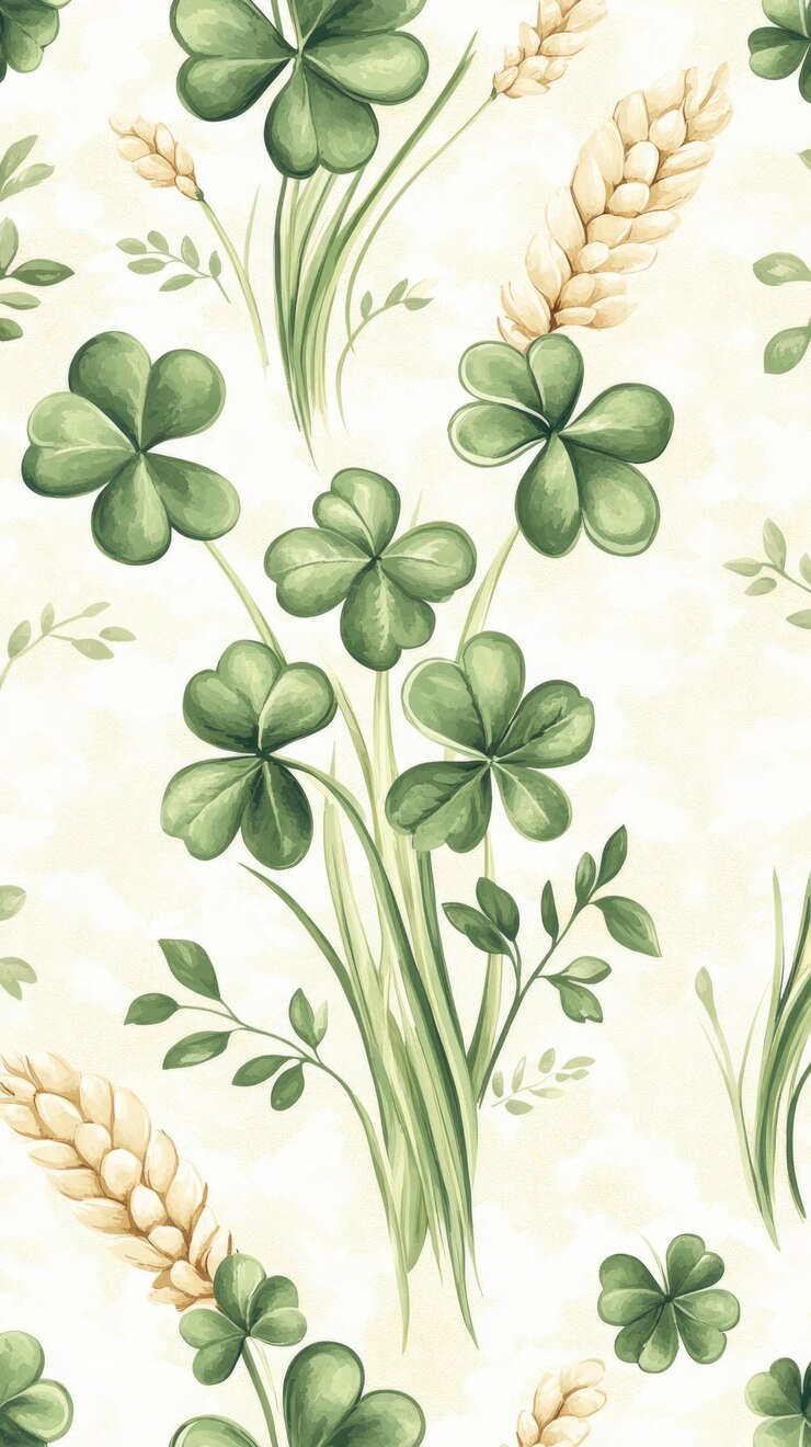 Un motif homogène de trèfles verts et de blé sur un fond clair Joyeux jour de Saint Patrick