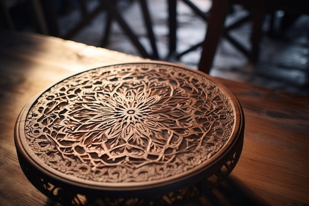 Un motif islamique gravé sur une table en bois