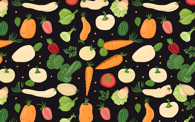 Un motif de légumes sur fond noir.