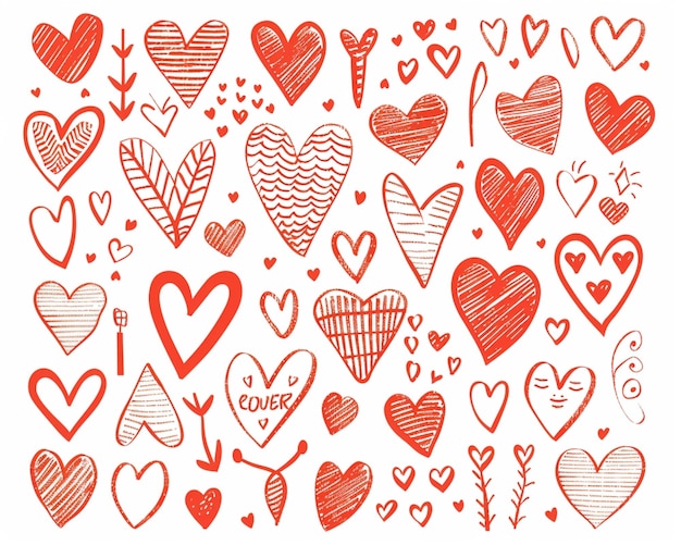 Un motif ludique de cœurs rouges et roses dessinés de différents styles et tailles sur un fond blanc