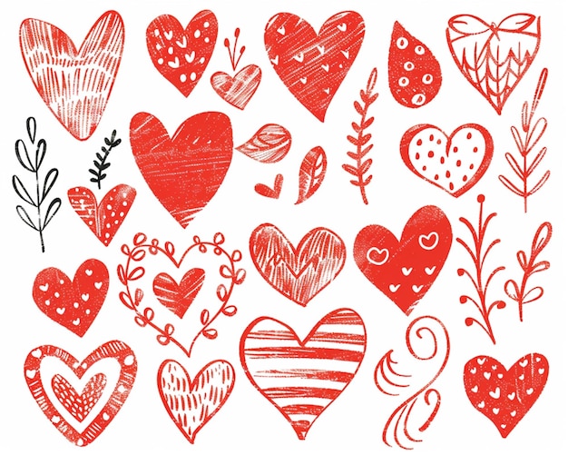 Un motif ludique de cœurs rouges et roses dessinés de différents styles et tailles sur un fond blanc