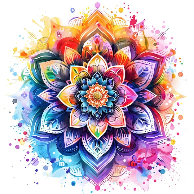 Photo un motif de mandala vibrant avec des éclaboussures d'aquarelle et une palette de couleurs de l'arc-en-ciel sur un fond blanc