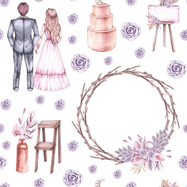 Motif de mariage à l'aquarelle avec des jeunes mariés et une arche de mariage et des accessoires