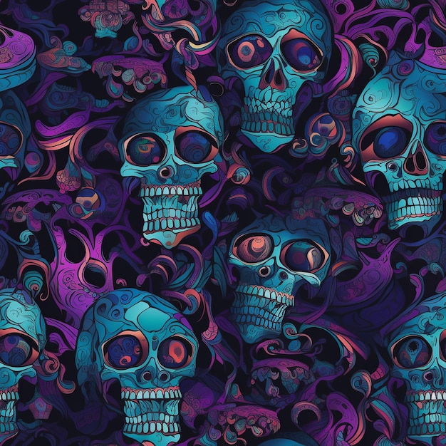 Motif maximaliste envoûtant avec des crânes bleus et violets sur fond noir inspiré du jour des morts