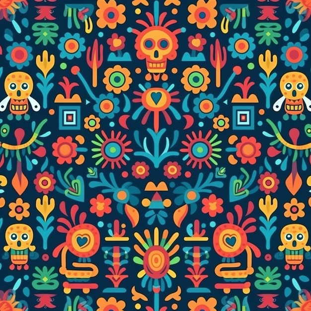 un motif mexicain coloré avec des crânes et des fleurs