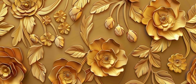 Ce motif moderne présente un motif floral chinois sur un fond de fleurs dorées