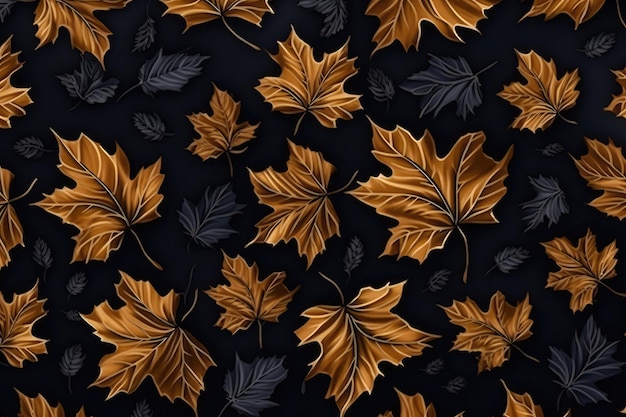 Motif naturel abstrait d'automne Feuilles jaune orange et dorées sur une branche de plante sur bleu foncé