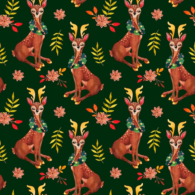 Motif de Noël à l'aquarelle avec des cerfs mignons et des plantes colorées