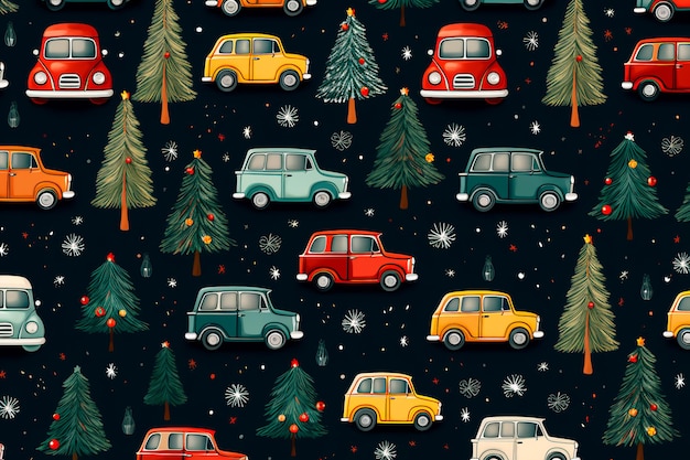Motif de Noël du Nouvel An de petites voitures et d'arbres de Noël Fond d'écran généré par l'IA