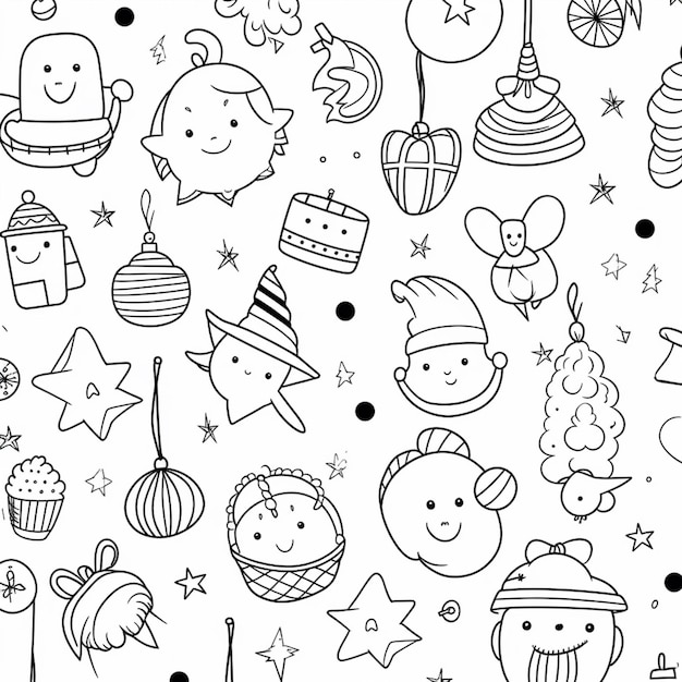un motif de Noël en noir et blanc avec une variété d'articles de vacances ai générative